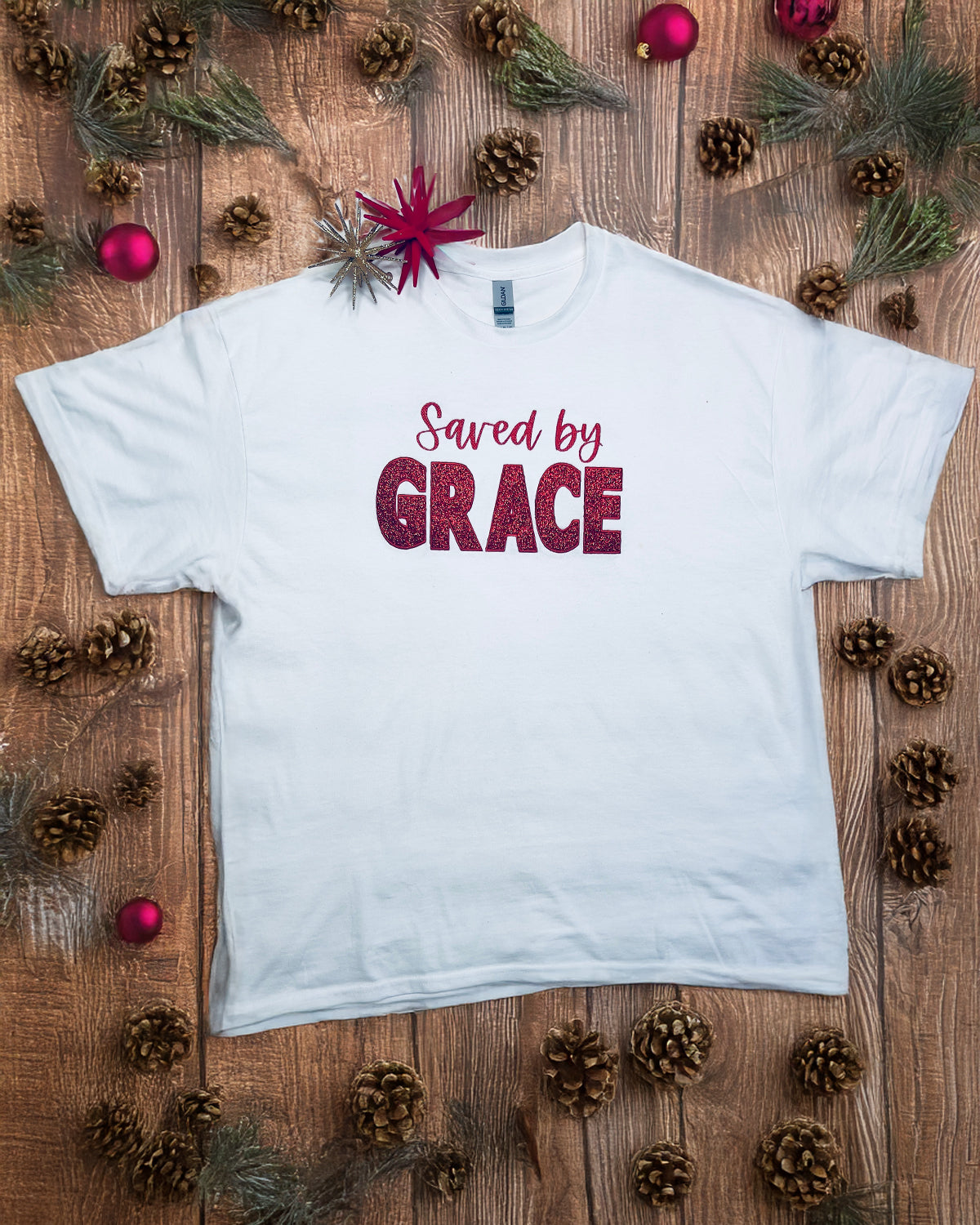 "Saved By Grace" Holiday T-Shirt Aplique` Embroidery Short sleeve