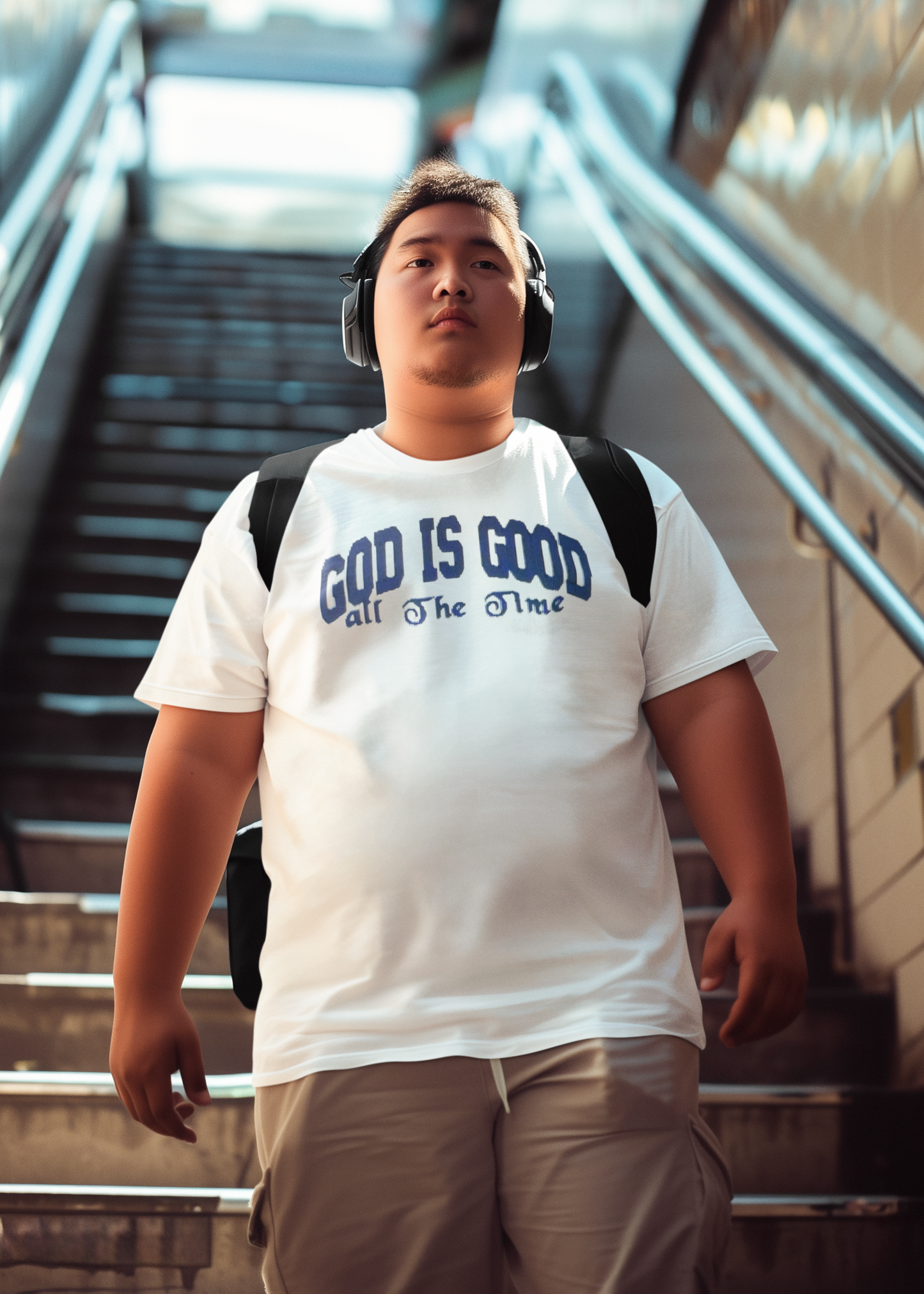'God is Good' Embroidered Tee, White with Blue stitching