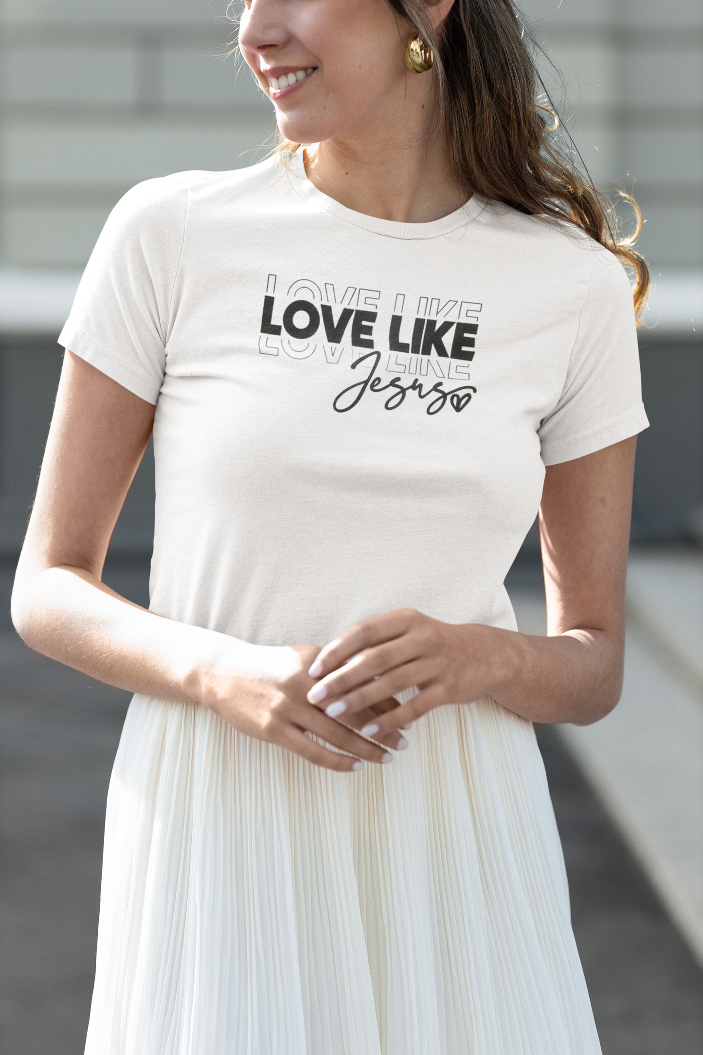 'Love Like Jesus' Embroidered Women's Tee, White with Black stitching