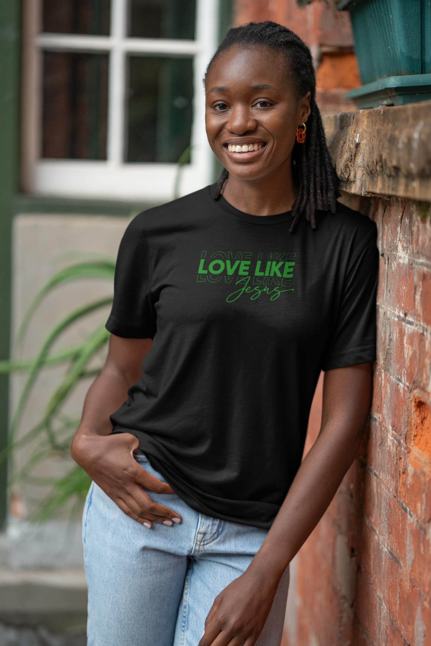 'Love Like Jesus' Embroidered Women's Tee, Black with Green stitching