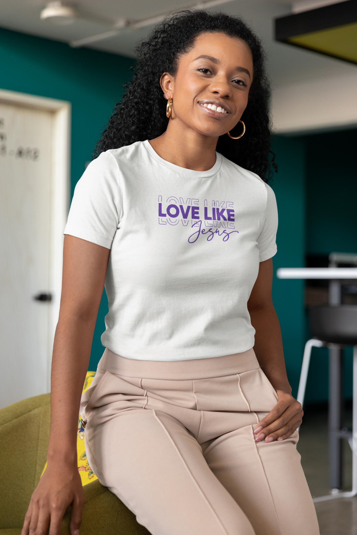 'Love Like Jesus' Embroidered Women's Tee, White with Purple stitching