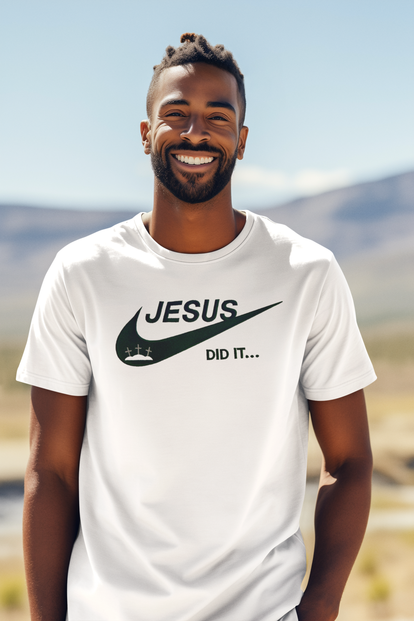 'Jesus Did It' Embroidered Men's Tee White with Green stitching