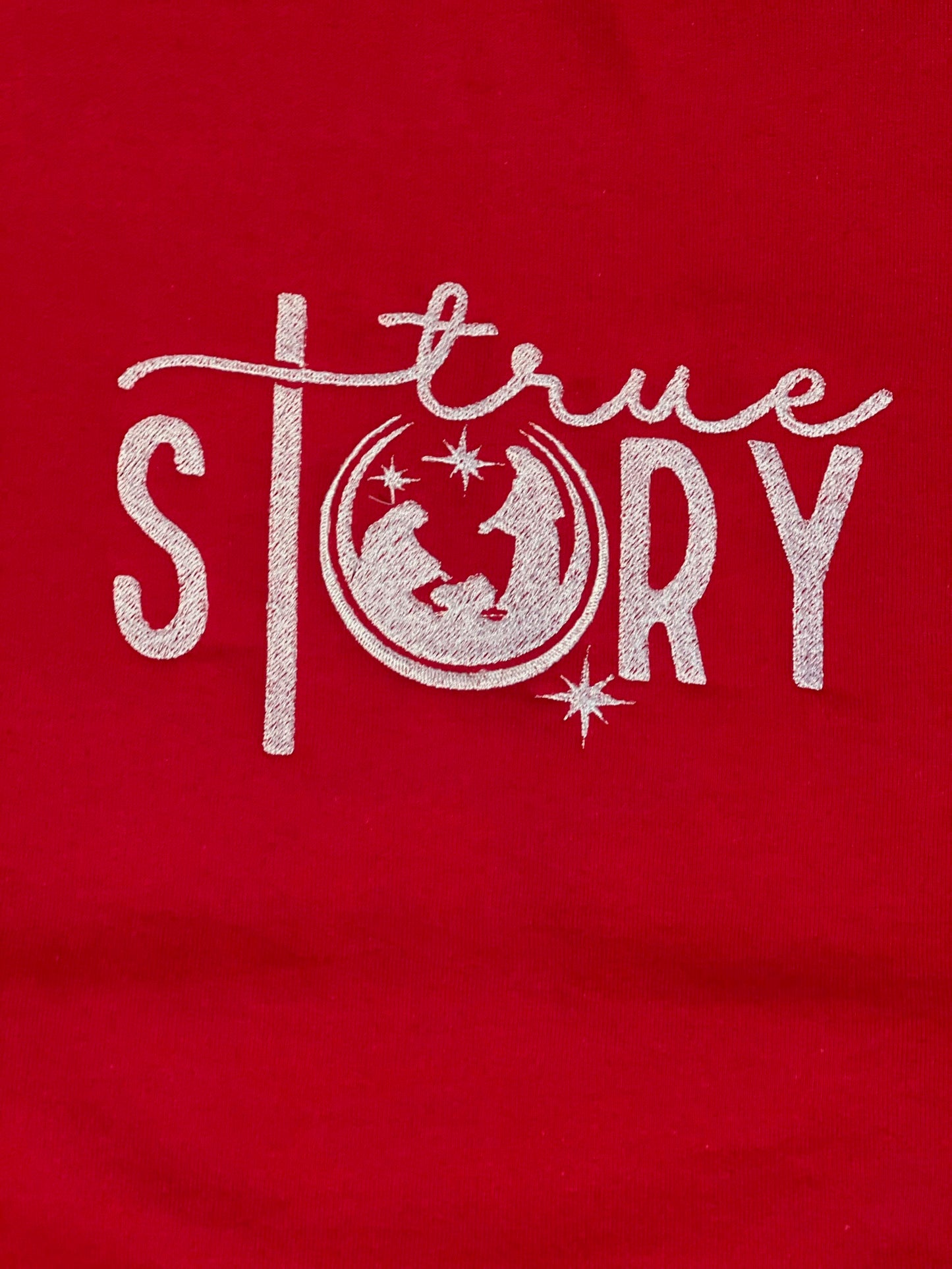 True Story, Red sweatshirt with white embroidered lettering