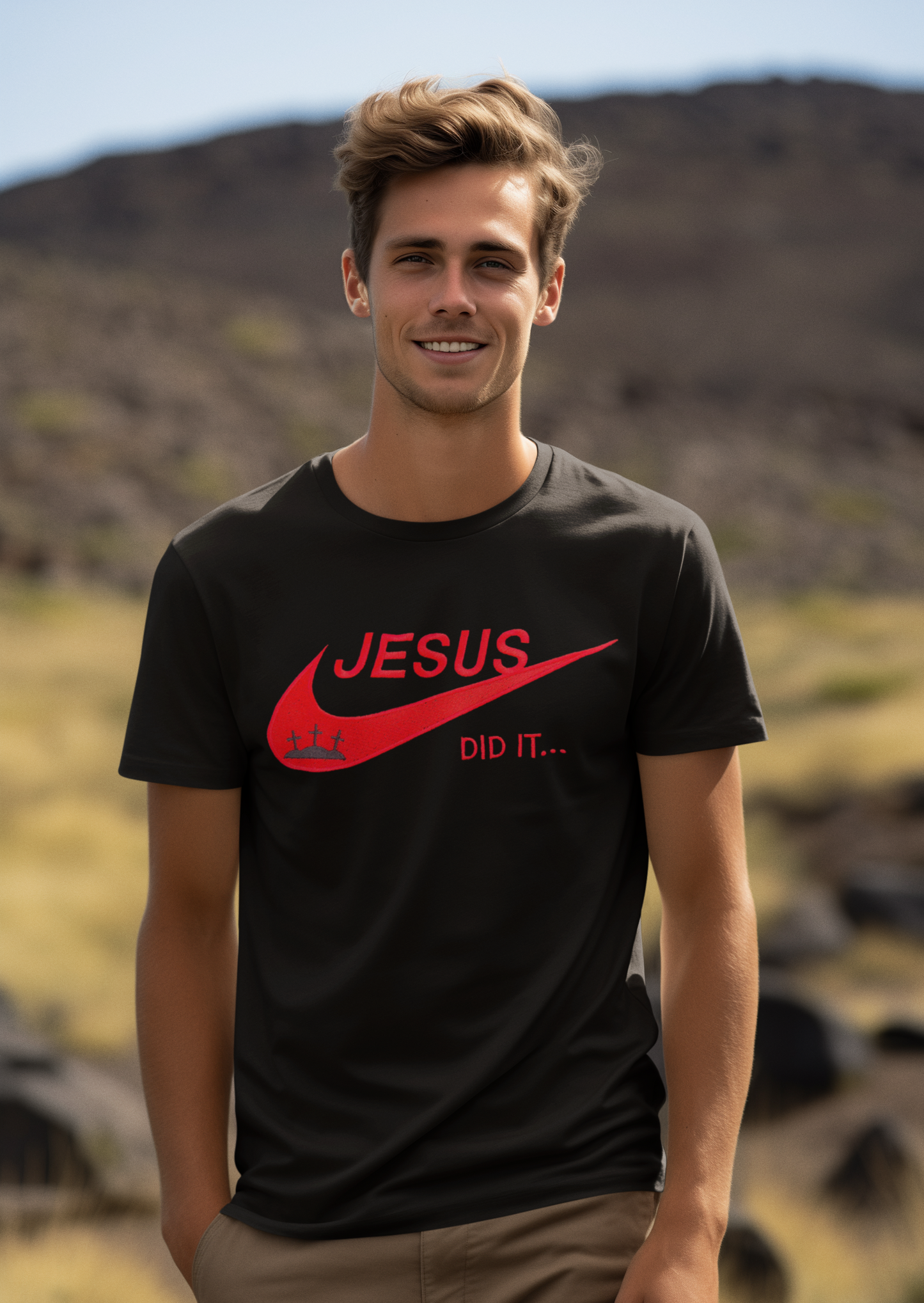 'Jesus Did It' Embroidered Men's Tee, Black with Red stitching